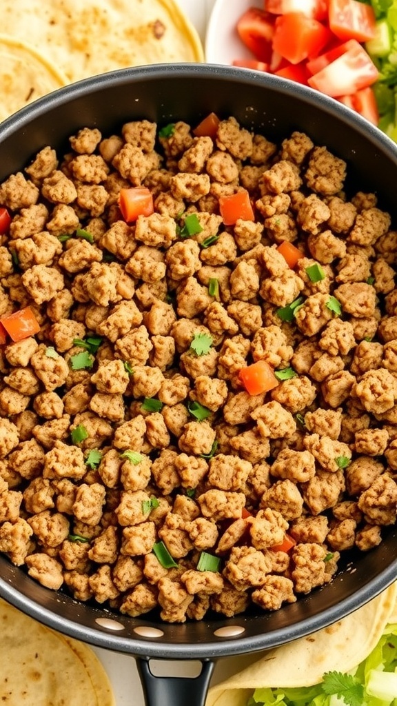 Cooked seasoned ground turkey in a skillet with herbs, served with tortillas and toppings.